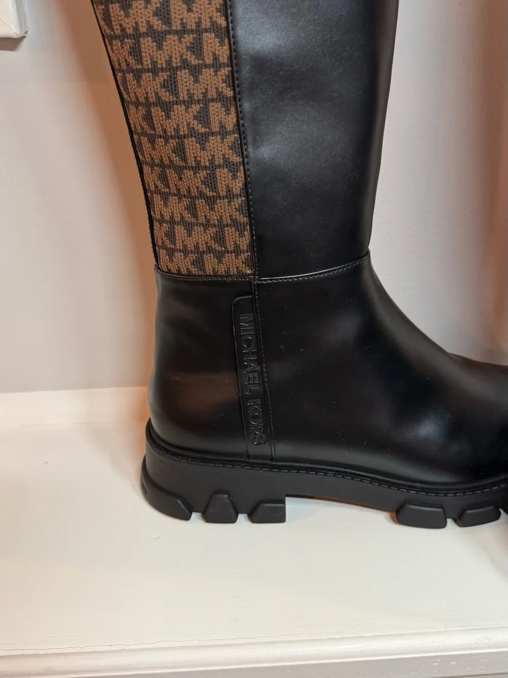 Michael Kors Black Leather & Brown Logo Tall Riding Boots